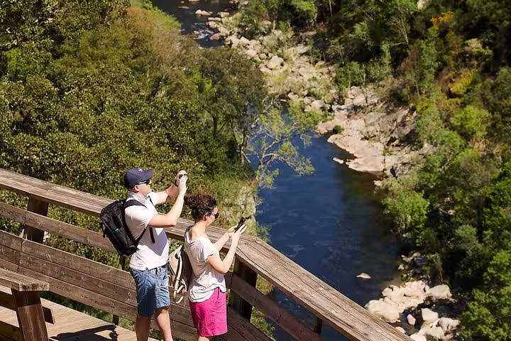 Tourists capturing scenic views along the Paiva Walkways with lush greenery and river below during the 516 Arouca Suspension Bridge tour.