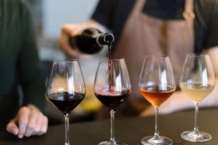 Wine tasting with diverse glasses of red, rosé, and white wines on the Arrábida and Comporta tour from Lisbon.