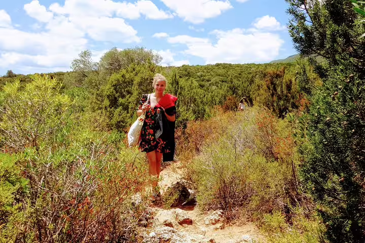 A woman walks through lush greenery on a sunny day during the Arrábida Snorkeling Adventure tour from Lisbon.