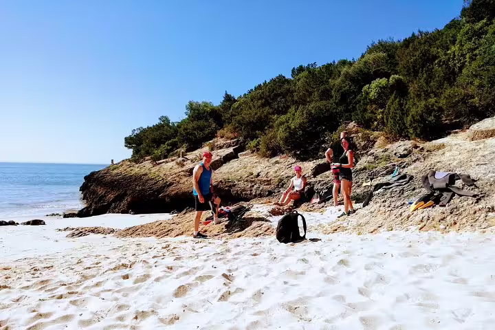 Group of snorkelers relax on a scenic Arrábida beach, surrounded by rocky cliffs and clear blue waters, during a Lisbon adventure.