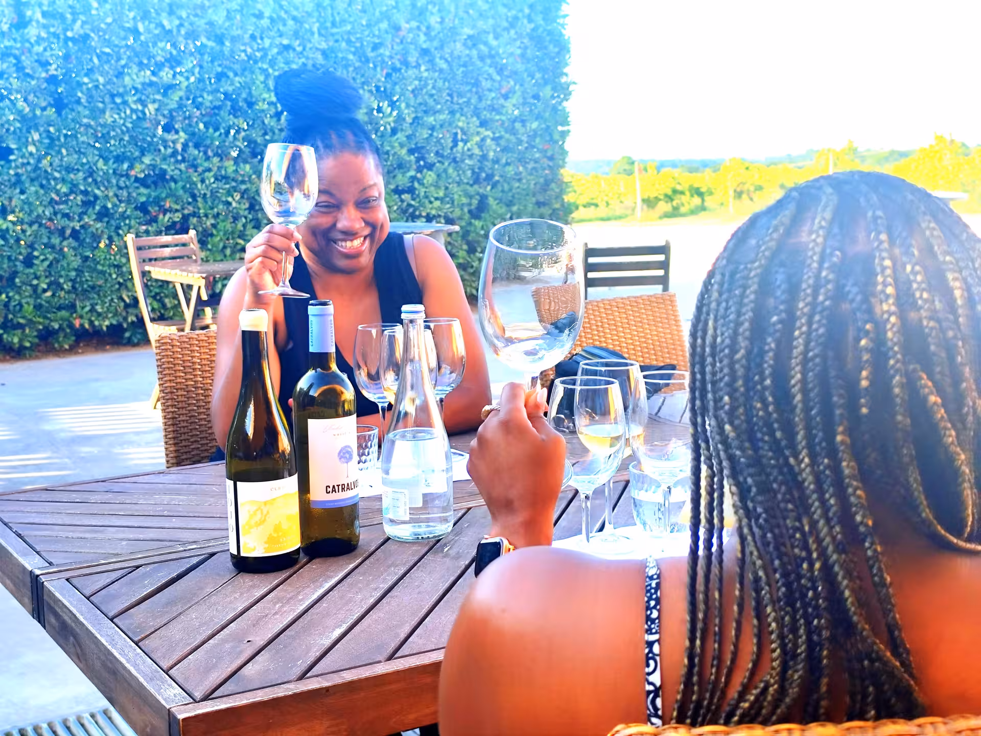 Friends clinking glasses at outdoor winery tasting, private Arrábida wine tour with local food pairing near Setúbal