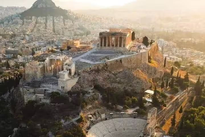 Aerial view of the Acropolis and Odeon of Herodes Atticus during an Athens half-day private car tour