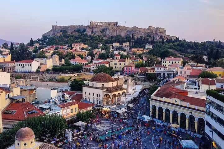 Monastiraki Square and Plaka rooftops with the Acropolis above, scenic stop on a Best of Athens private tour