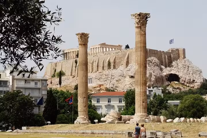 Acropolis view from Temple of Olympian Zeus columns on a small-group Athens panoramic tour and Plaka walk