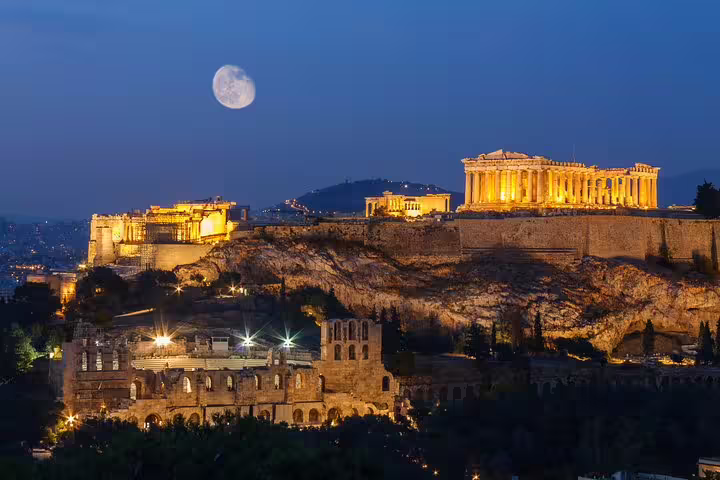 Illuminated Acropolis and Parthenon at night, Athens highlights before private Cape Sounio Temple of Poseidon
