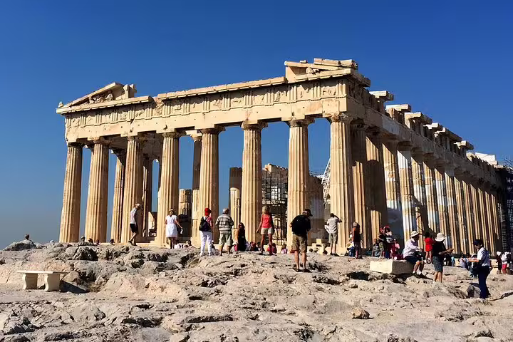 Parthenon temple on the Acropolis in Athens during a private guided walking tour, with Plaka food tastings
