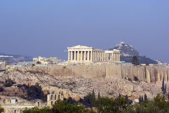 Parthenon atop the Acropolis in Athens, panoramic view on walking tour with skip-the-line Acropolis admission