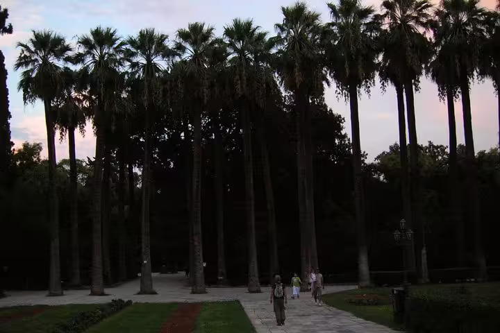 Palm-lined Athens park walkway, relaxing start to a private walking tour before skip-the-line Acropolis entry