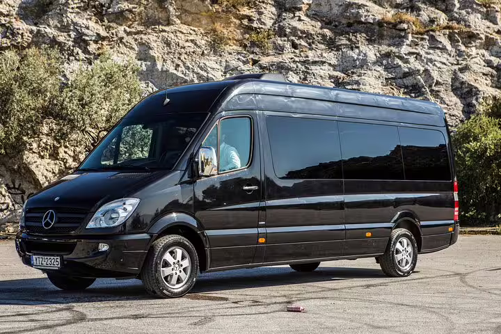 Black Mercedes Sprinter van for Athens Airport to Lavrio Port or hotel private transfer with professional driver