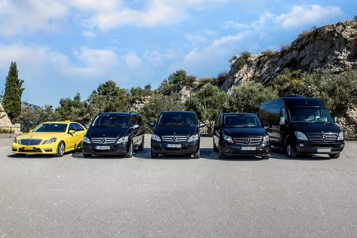 Private transfer fleet from Athens Airport to Lavrio Port and hotels with luxury sedan and Mercedes vans