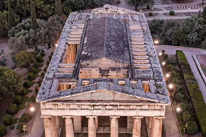 Aerial view of ancient Hephaestus Temple in Athens Agora, Athens Airport to city center private transfer