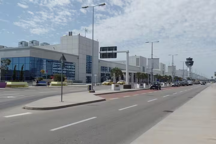 Athens airport terminal roadway and pickup zone, private transfer from Lavrio port or hotels to ATH airport