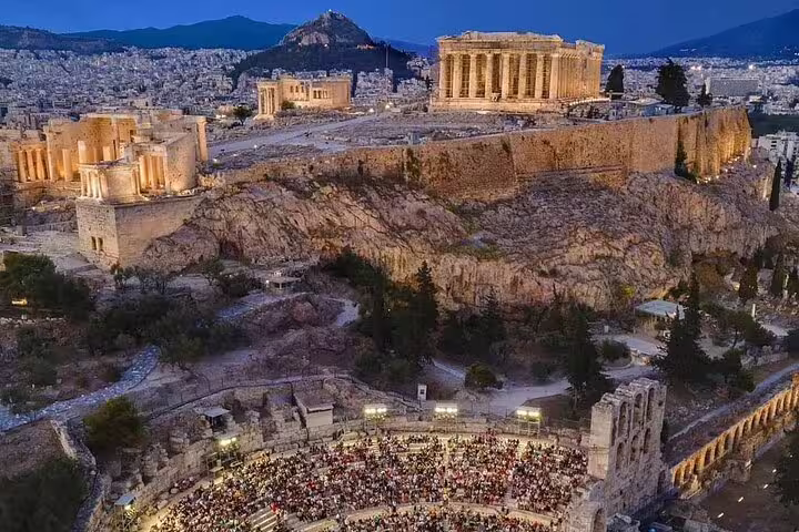 Acropolis and Parthenon at dusk in Athens, Greece, ideal landmark view after Athens airport private transfer