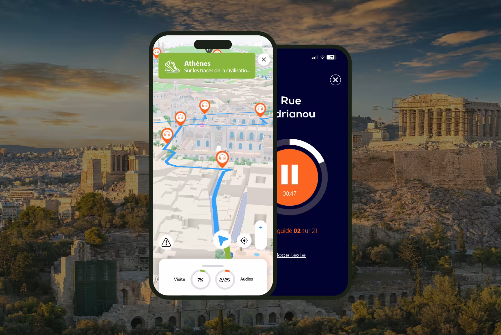 Athens audioguide mobile application interface on smartphone with the Acropolis in the background.