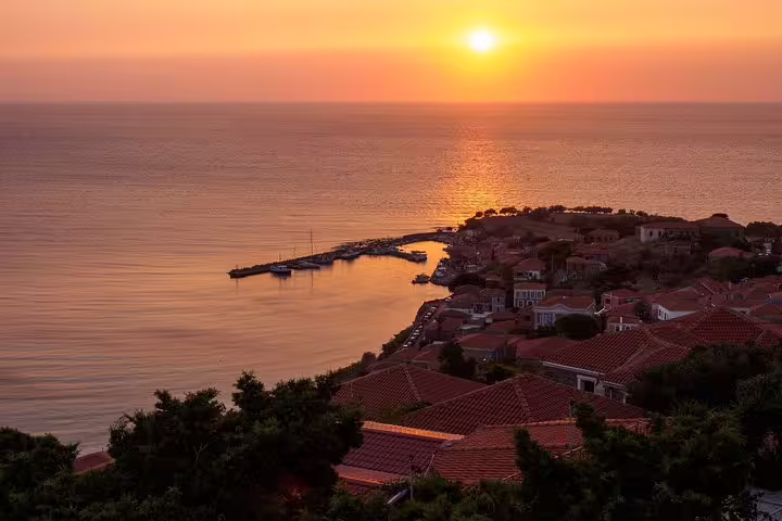 Sunset over Athens Riviera harbor, scenic coastal view on Cape Sounio private tour from Athens