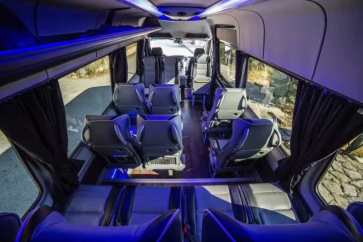 Executive mini coach with recliner seats and ambient lighting for Athens to Cape Sounio Temple of Poseidon