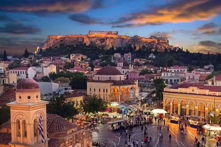 Monastiraki Square at sunset with Acropolis view, Athens center pickup for private departure transfer