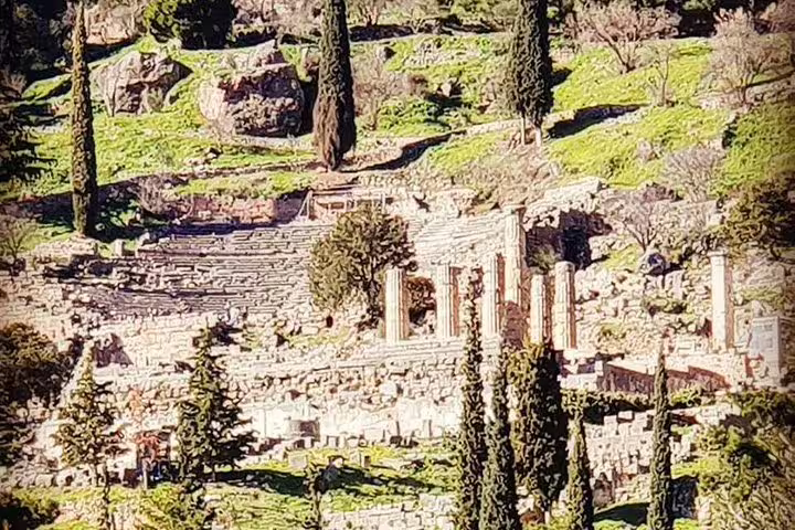 Ancient Delphi ruins and hillside cypress trees, view from private transfer Athens to Delphi day trip