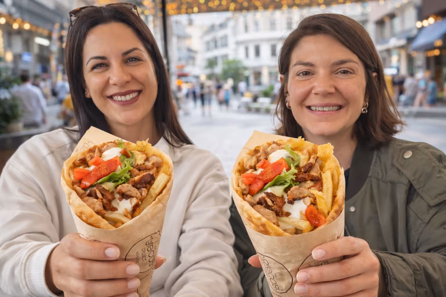 Athens traditional food tour guests enjoying souvlaki gyros pita wraps at a lively city street food stop
