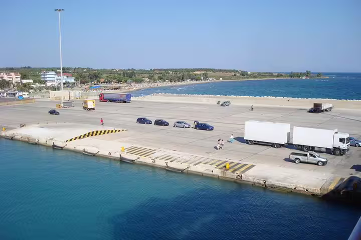 Kyllini ferry port dock with vehicles and sea view, drop-off for private Athens to Port of Kyllini transfer
