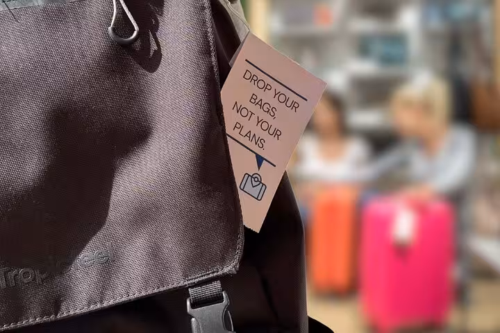 Tagged travel bag at Athens luggage storage near Acropolis Museum, secure drop-off for sightseeing