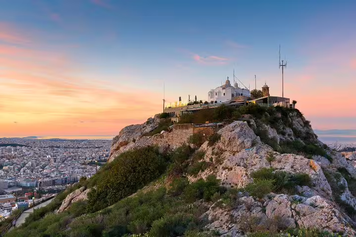 Sunset view from Lycabettus Hill over Athens, included on Athens highlights private half-day tour panorama
