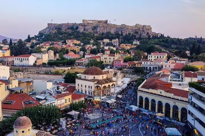 Monastiraki Square and Plaka rooftops with the Acropolis above, featured on a Best of Athens private tour