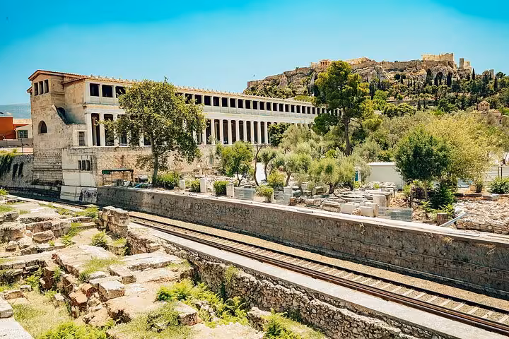 Athens panoramic tour view of Ancient Agora and Stoa of Attalos with Acropolis hill in the background