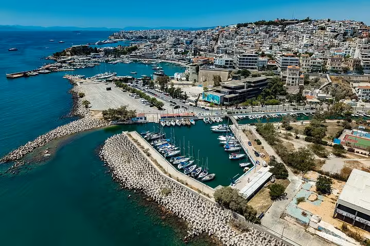 Aerial view of Piraeus port marina and Athens coastline, starting point for small group Athens panoramic tour