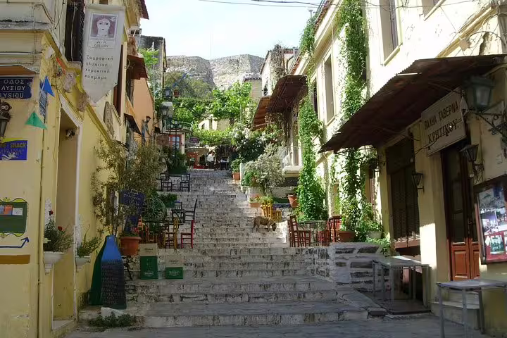 Charming Plaka stone steps lined with cafes and greenery on a Best of Athens half-day private tour