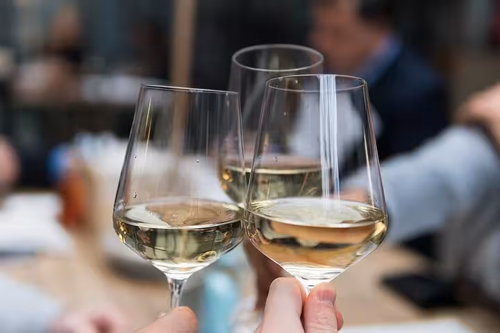 Guests clinking white wine glasses on a private Athens wine tasting tour with a personal licensed wine guide