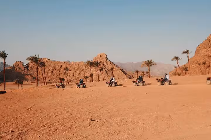 ATV quad safari across Sharm El Sheikh desert with palm trees and rocky hills on the Echo Mountain route