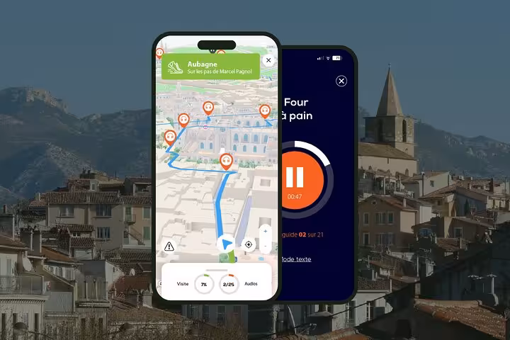 Aubagne self-guided walking tour app showing GPS map with audio guide playback on two smartphones