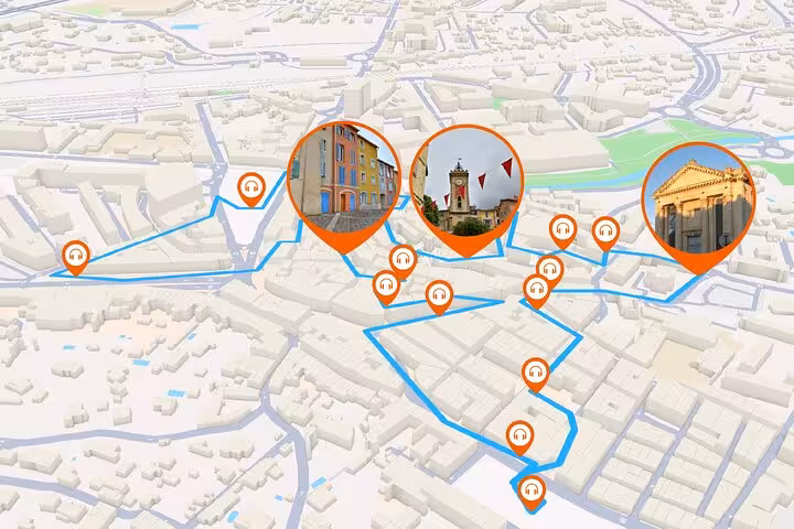 3D map of Aubagne self-guided walking tour route with orange GPS markers and audio guide headphone icons