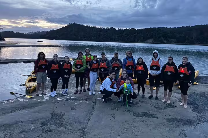 Group of kayakers in life vests preparing for Auckland bioluminescence tour at Waiake Beach near scenic water.