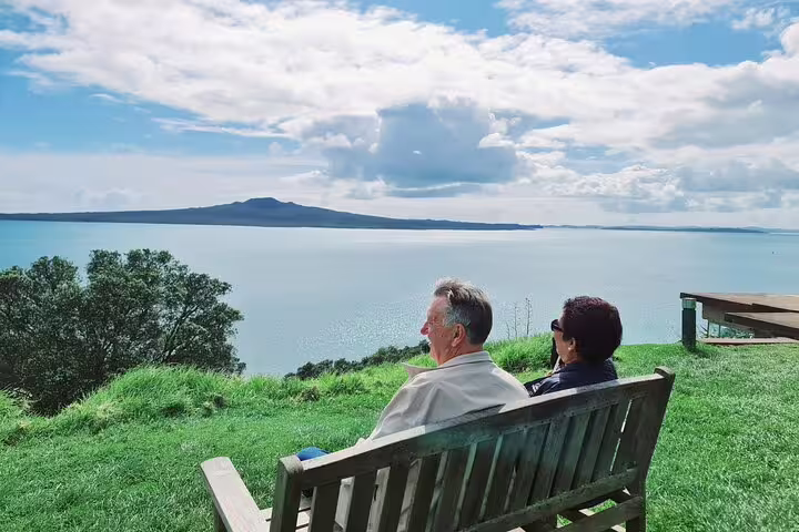 Visitors admiring the stunning sea view and Rangitoto Island from a bench, ideal for Auckland city highlights tour.