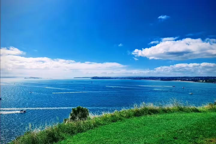 Panoramic ocean view with boats sailing under a bright sky, showcasing Auckland's natural beauty on a private tour.