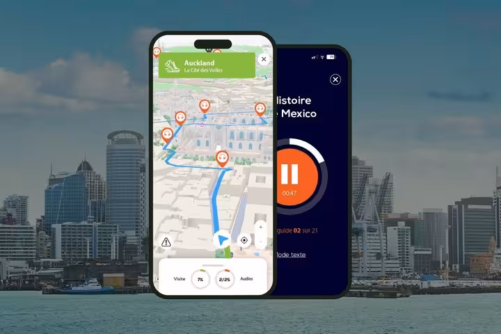 Auckland self-guided walking tour app showing interactive map with audio commentary on smartphone screens