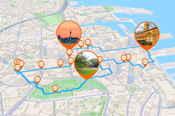 Auckland city map with orange audio tour pins marking self-guided walking route past Sky Tower and historic buildings