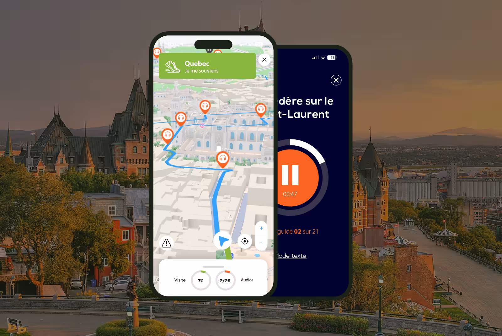 Audioguide Québec mobile application interface on smartphone with Château Frontenac in the background.