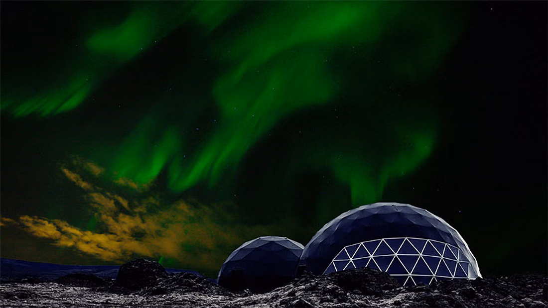 Geodesic dome basecamp glowing under dramatic green aurora borealis on a northern lights guided hunt tour