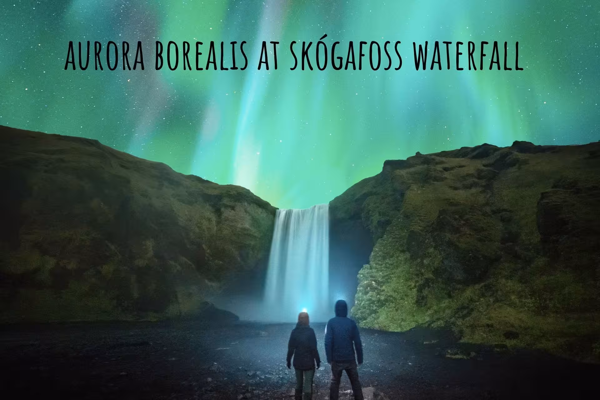 Two people viewing aurora borealis over Skógafoss waterfall in Iceland at night
