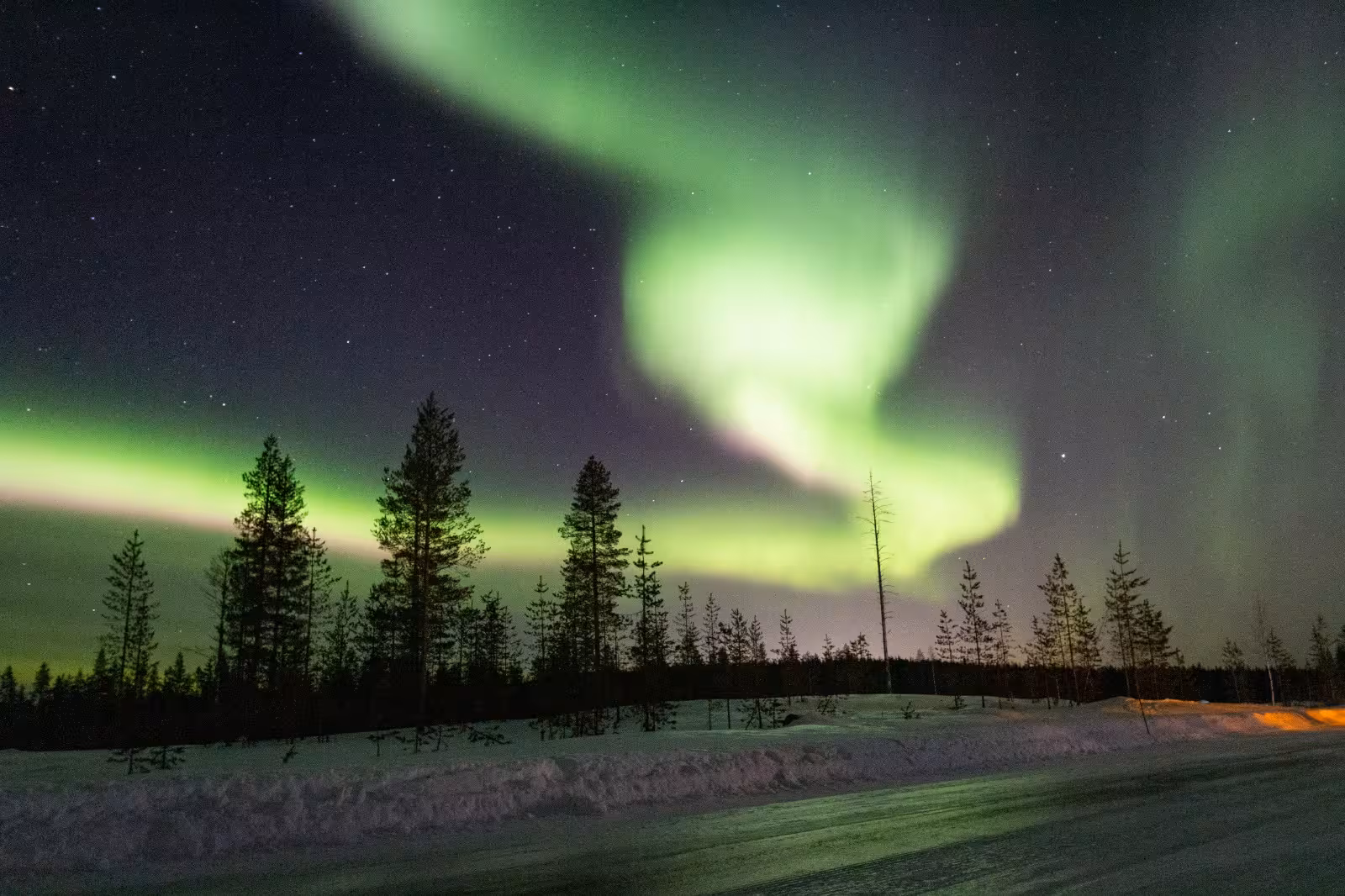 Vibrant aurora borealis swirls above a serene snowy forest, ideal for capturing on a Northern Light Hunting Photo Tour.