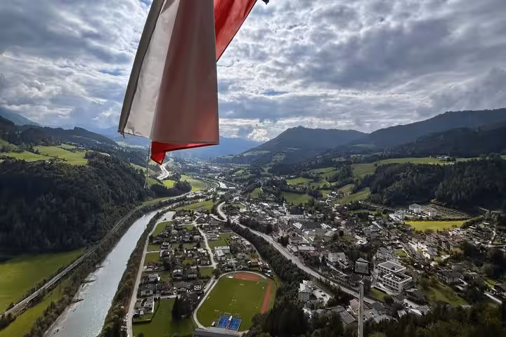 Austrian Alps valley view from Werfen Castle lookout, Salzach River and town on private day tour from Munich