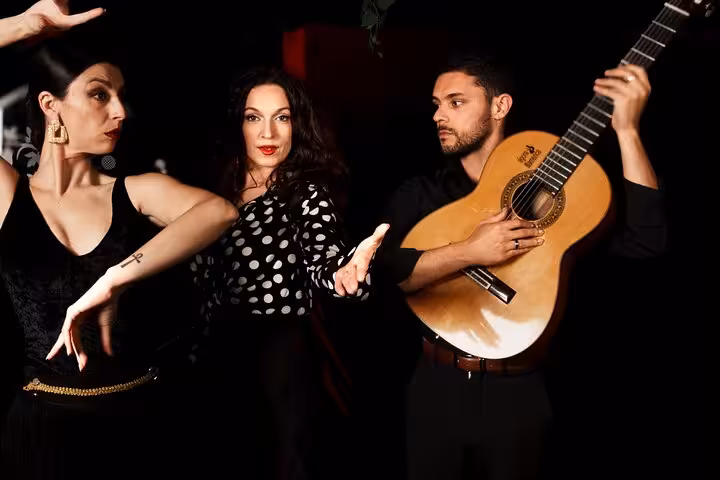 Passionate flamenco performers with dancer and guitarist create an authentic and vibrant live show in Barcelona.