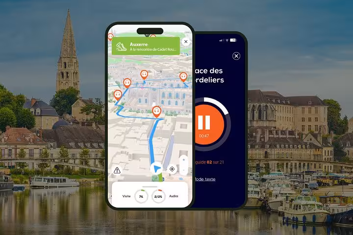 Self-guided walking tour app of Auxerre showing interactive map and audio guide on two smartphones