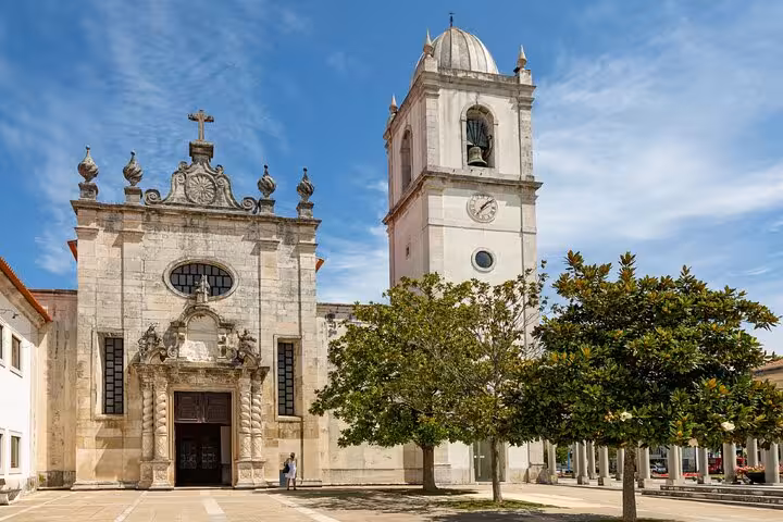 Aveiro Cathedral baroque facade and bell tower in a sunny plaza with trees