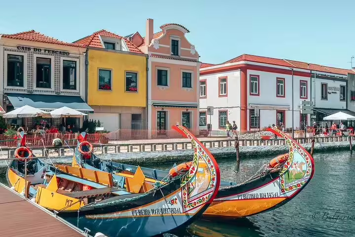 Colorful moliceiro boats float on the canals of Aveiro, showcasing vibrant architecture on the private tour from Lisbon.