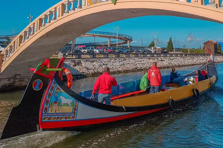 Colorful moliceiro boat passing under a picturesque bridge in Aveiro during a private full-day tour from Porto.
