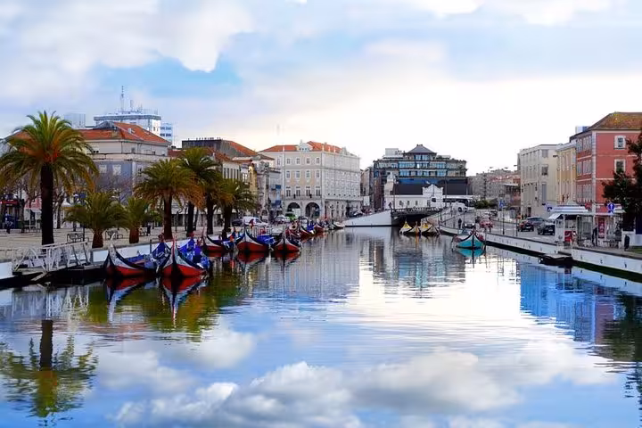 Aveiro canal with colorful moliceiro boats and palm-lined promenade, must-see stop on Aveiro Coimbra day tour